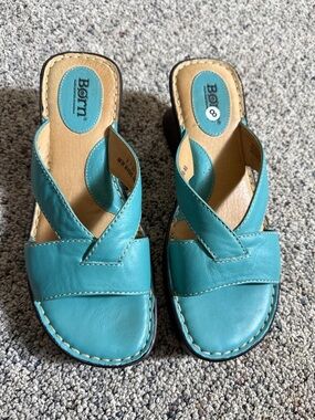 Born Teal Leather Crossover Slide Mules Sz 8